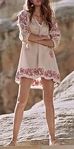 Women&#39;s Autumn 3/4 Sleeve Cotton Linen Floral Embroidery Casual Tunic Dresses