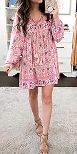 Womens Long Sleeve Floral Tunic Mini Dress