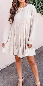 Womens Loose Tunic Dress Long Sleeve Ruffle Mini Dress