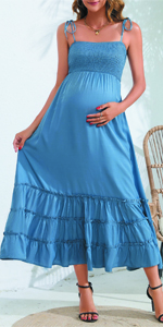 Sleeveless Maternity Dress Spaghetti Strap Smocked Tiered Flowy Maxi Dress Baby Shower Photoshoot