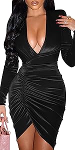 Velvet Sexy V Neck Wrap Ruched Bodycon  Long Sleeve Cocktail Club Mini Dress