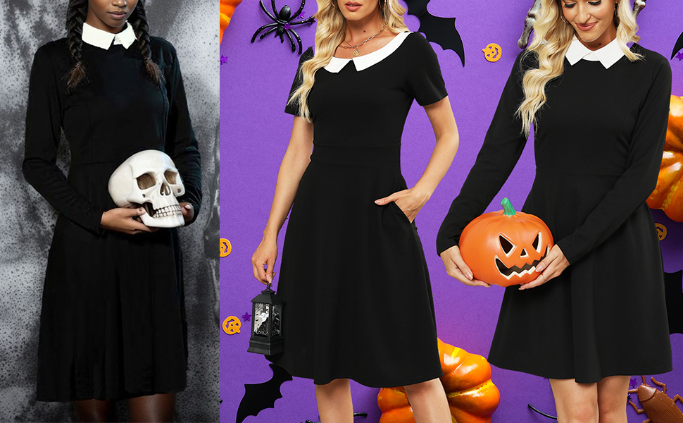 Halloween Dress for Womens Long Sleeve Peter Pan Collar A Line Cocktail Dresses with Pockets