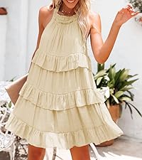 Womens Summer Boho Sleeveless Halter Layered Ruffle Mini Dress