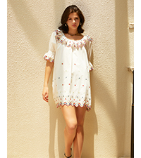 Womens Summer Babydoll Mini Dress Cotton Puff Sleeve Floral Embroidered Casual Loose Tunic Dress