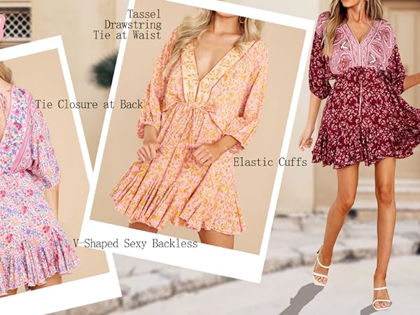 Womens Summer Floral Dress 3/4 Sleeve Deep V Neck Boho Drawstring Backless Swing Mini Dress