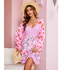 Womens Summer Long Sleeve V Neck Floral Print Patchwork Casual Mini Sun Dress with Belt