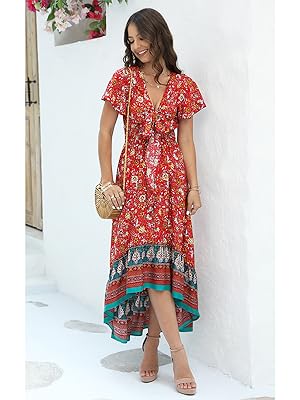 deep v neck holiday dress floral summer dress high low hem boho dress for women floral sun dress