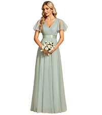 Ever-Pretty  V-Neck Floor-Length Tulle Sheer Sleeve Bridesmaid Dresses