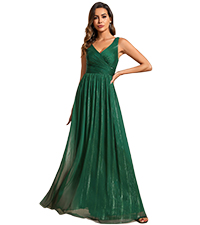 Women''s Deep V Neck Plus Size A Line Pleated Long Emerald Green Evening Dress