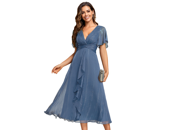 Trendy Ruched Curvy V Neck Plus Size Lantern Sleeves Prom Dresses for Women