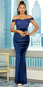 Lin Lin Q Sequin Sexy Off-Shoulder velvet formal Evening Dresses