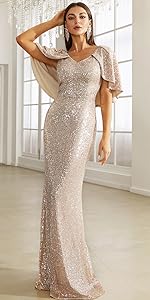 Sequin Formal Shawls V Neck Short Sleeve Prom Gown