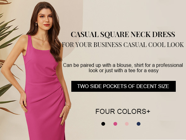 Women''s Bodycon Stretch Midi Dress Casual Square Neckline Side Slit Cocktail Party Dress 