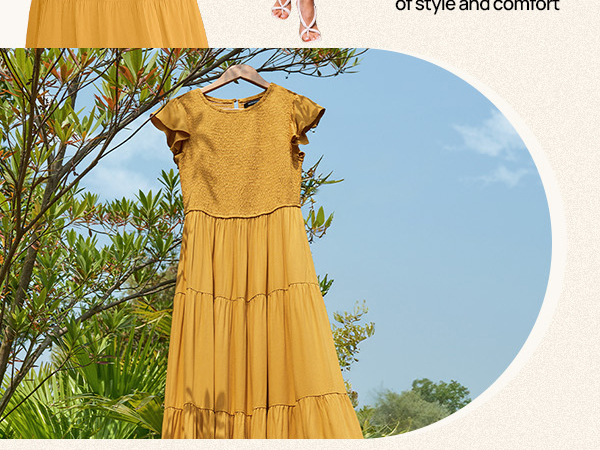 Women''s Flutter Short Sleeve Smocked Midi Dress Summer Casual Tiered A-Line Dress