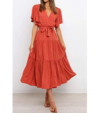 Womens Summer Short Sleeve Wrap V Neck A-Line Tiered Ruffle Flowy Midi Dress