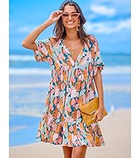 V Neck Short Sleeve Tropical Floral Mini Dress Summer Ruffled Oversize Dress