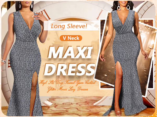 Women''s Sexy Sleeveless Sparkly Maxi Dress V Neck Slit Wrap Formal Gown Glitter Maxi Long Dresses