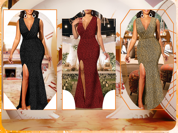 Women''s Sexy Sleeveless Sparkly Maxi Dress V Neck Slit Wrap Formal Gown Glitter Maxi Long Dresses