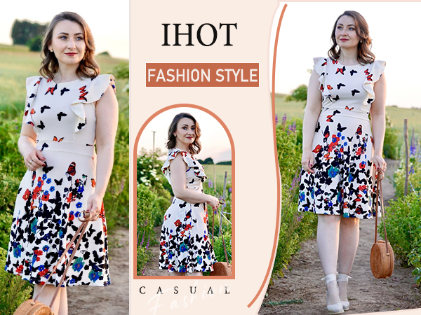 ihot Womens Vintage Ruffle Floral A Line Cocktail Party Dresses with Pockets