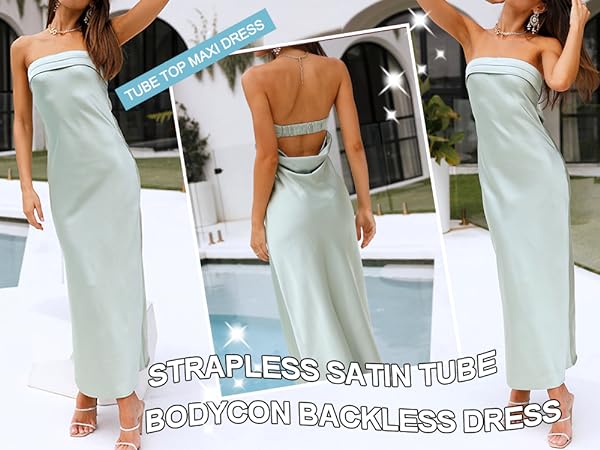 Strapless Satin Tube Bodycon Dress Backless Cutout Cocktail Party Maxi Dress