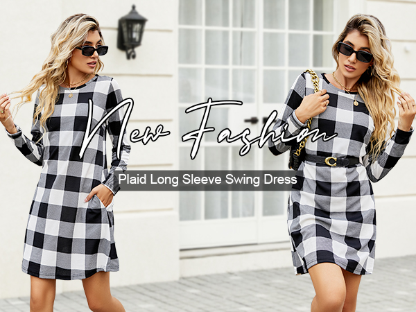 Blooming Jelly Women''s Plaid Swing Dress Long Sleeve Round Neck Tunic Mini Dress