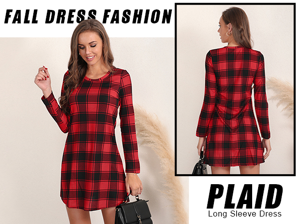 Blooming Jelly Women''s Plaid Swing Dress Long Sleeve Round Neck Tunic Mini Dress