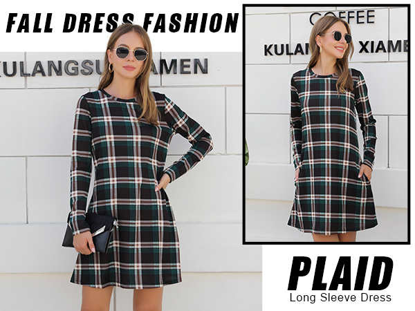 Blooming Jelly Women''s Plaid Swing Dress Long Sleeve Round Neck Tunic Mini Dress