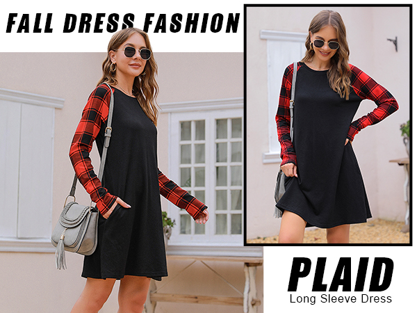 Blooming Jelly Women''s Plaid Swing Dress Long Sleeve Round Neck Tunic Mini Dress