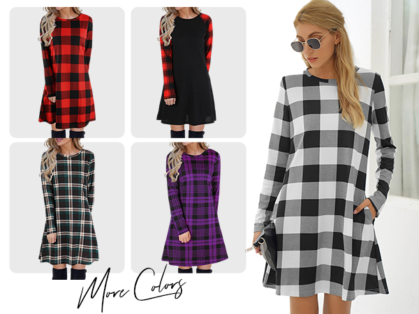 Blooming Jelly Women''s Plaid Swing Dress Long Sleeve Round Neck Tunic Mini Dress