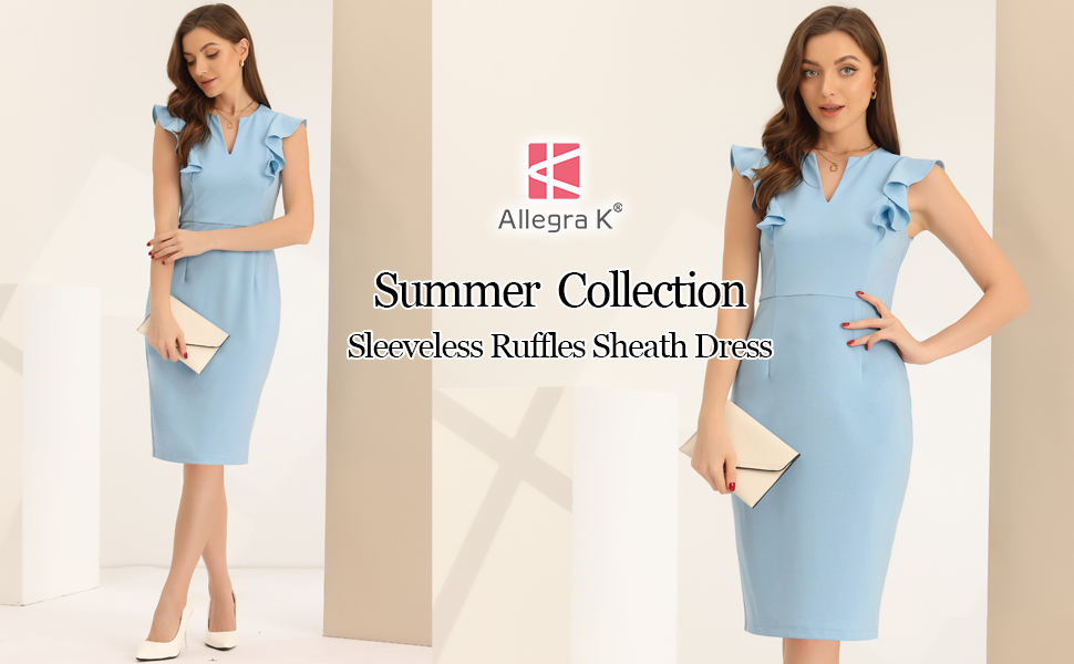 Allegra K Sleeveless Sheath Dress for Women''s Ruffles V Neck Split Work Pencil Dresses