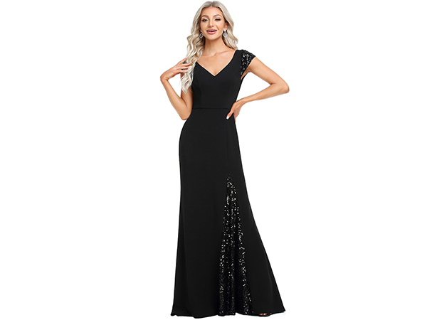 Cap Sleeve Floor Length Sequin Evening Gowns Black dress evening dress party dress