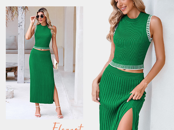 Women sleeveless knit sweater 2 piece outfits set maxi skirt dress