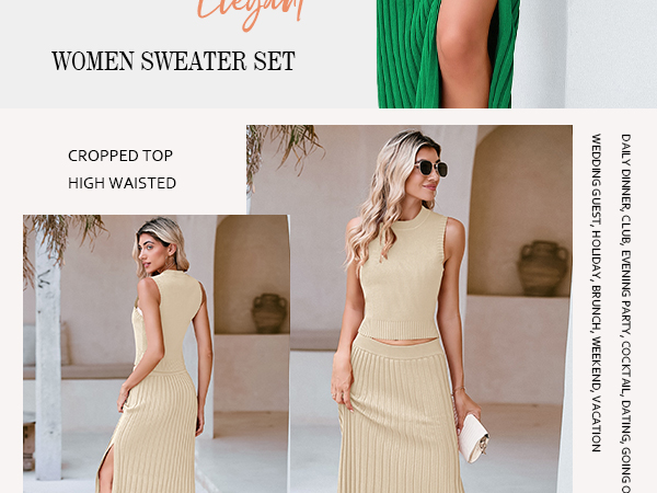 Women''s 2 Piece Sweater Outfits Set Sleeveless Crop Top Ribbed Split Bodycon