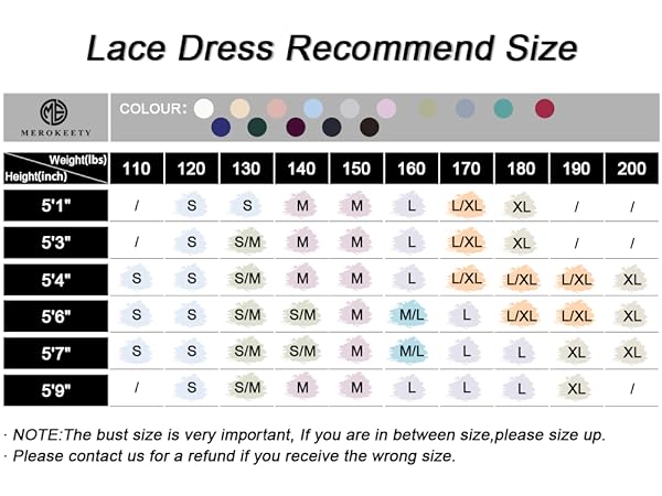 size chart for lace formal dress