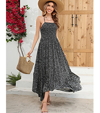 Women''s Summer Spaghetti Strap Boho Floral Print Smocked Backless Casual Ruffle Maxi Dress