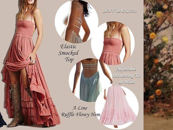 Women&#39;s Summer Halter Elastic Smocked Sexy Backless A-Line Ruffle Flowy Maxi Dress