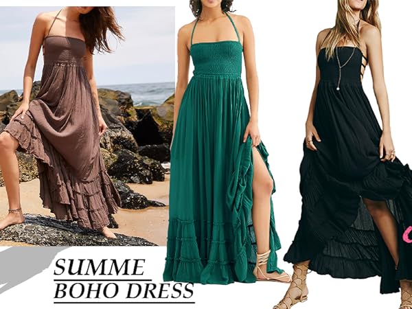 Women&#39;s Summer Halter Elastic Smocked Sexy Backless A-Line Ruffle Flowy Maxi Dress