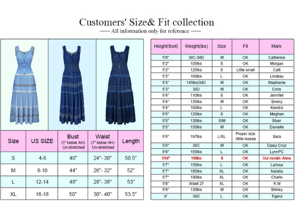 maxi dress size chart