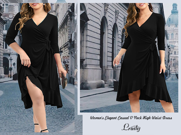 Lrady Women''s Deep V Neck Casual Plus Size Slim Fit Wrap Midi Dress 