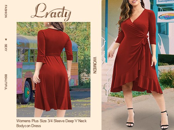 Lrady Women''s Deep V Neck Casual Plus Size Slim Fit Wrap Midi Dress 