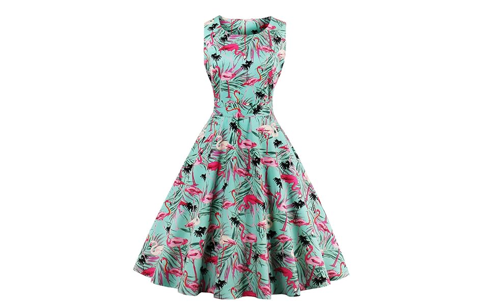 Wellwits Women''s Tropical Leaf Flamingo Hepburn 1950s Vintage Swing Dress