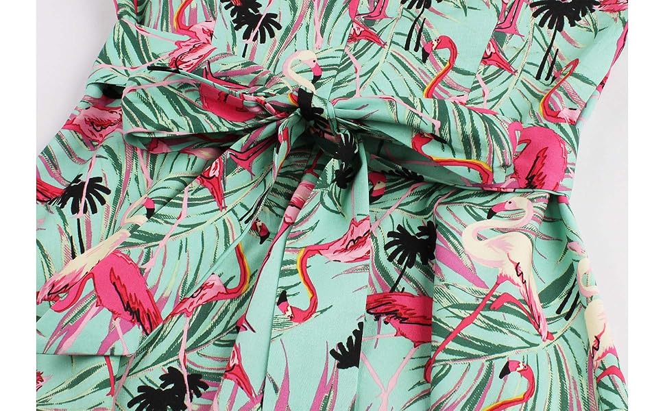 Wellwits Women''s Tropical Leaf Flamingo Hepburn 1950s Vintage Swing Dress