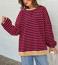 Womens Striped Oversized Sweatshirt Color Block Crew Neck Long Sleeve Casual Loose Pullover Top Y2K 