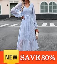 Womens 2024 Long Sleeve V Neck Swiss Dot Empire Waist Chiffon Ruffle Smocked Midi Dress