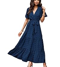 Women''s 2024 Summer Wrap V Neck Dress Short Sleeve Swiss Dot Boho Ruffle Slit Maxi Dresses 