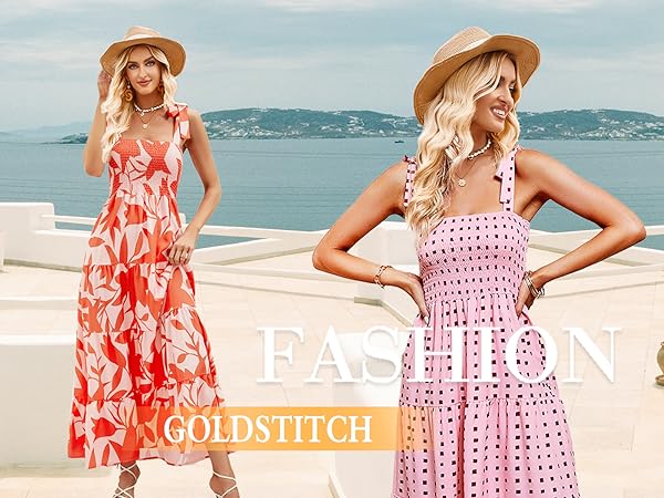 Women''s Summer Bohemian Spaghetti Strap Smocked A Line Flowy Maxi Dress 