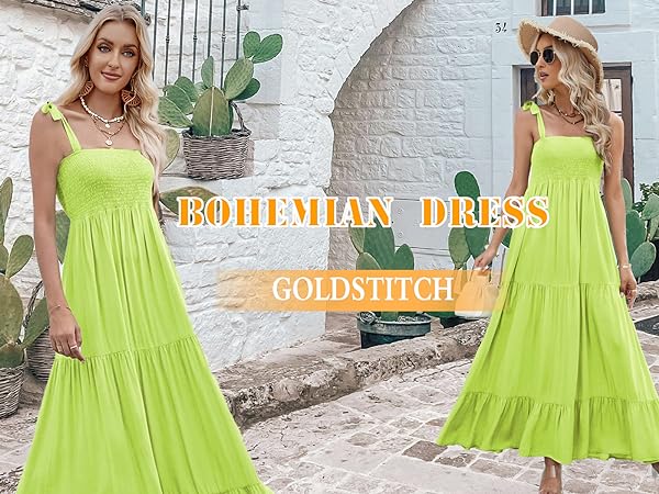 Women''s  Summer Boho Square Neck Ruffle A Line Beach Long Maxi Dress 