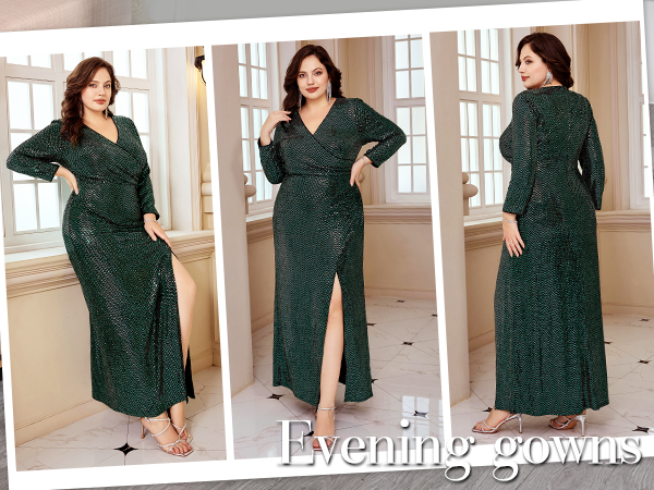 Womens Plus Size Long Sleeve Slit Sequin Maxi Evening Dresses