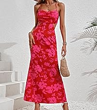 Women''s Floral Cut Out Backless Dress Ruched Sleeveless Long Cocktail Party Dresses