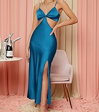  Women''s Satin Cut Out Split Thigh Cami Long Dress Knot Backless Cocktail Party Dresses